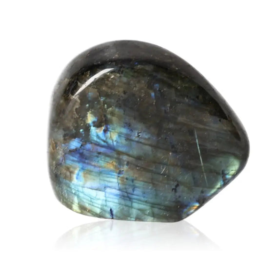 Labradorite polished cut base by Sylvia Crystals showcasing vibrant colors and sleek design for energy and elegance.