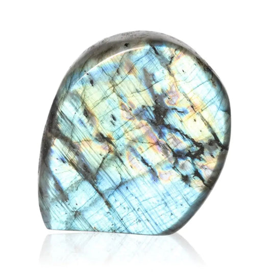 Labradorite Polished Cut Base with mesmerizing flashes, ethically sourced by Sylvia Crystals, showcasing enchanting beauty and energy.