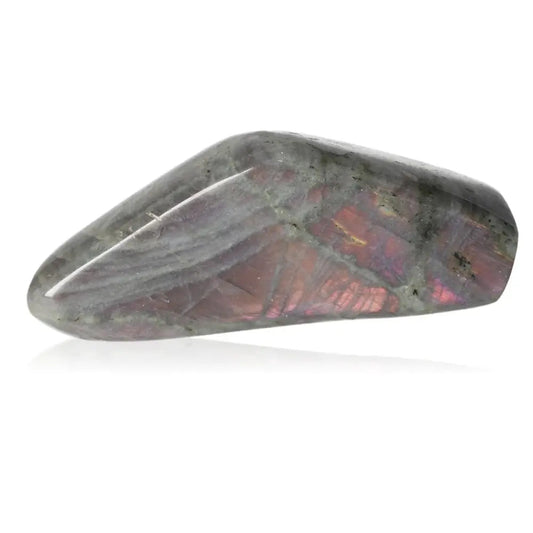 Polished cut base labradorite crystal with iridescent colors by Sylvia Crystals.
