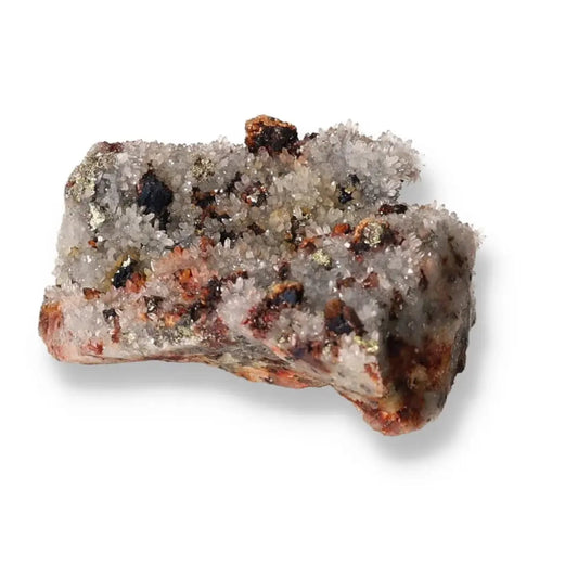 Quartz crystal with chalcopyrite and goethite from Sylvia Crystals, showcasing unique mineral formations and natural beauty.