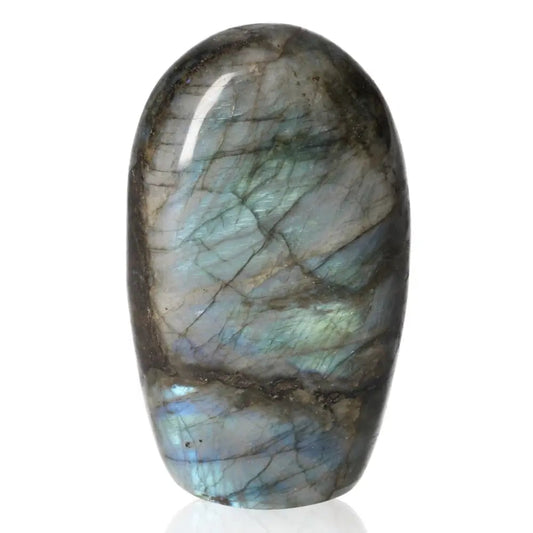 Polished Cut Base Labradorite by Sylvia Crystals, showcasing natural iridescent beauty.