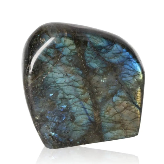 Labradorite polished cut base with blue and green flashes by Sylvia Crystals, showcasing natural elegance and transformative energy.