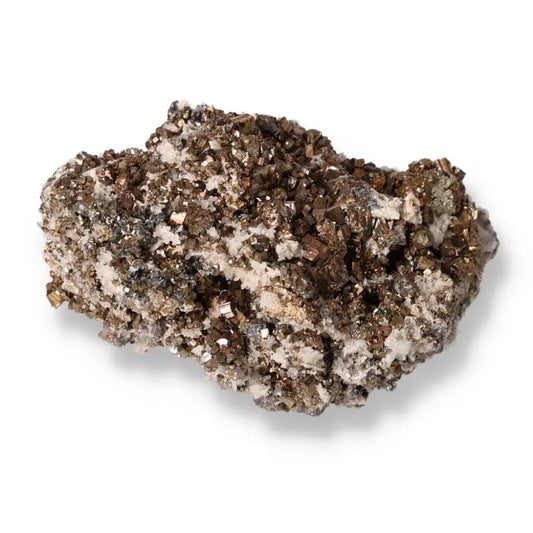 "Pyrite with Quartz mineral cluster from Sylvia Crystals, showcasing sparkling gold hues and white crystalline textures."