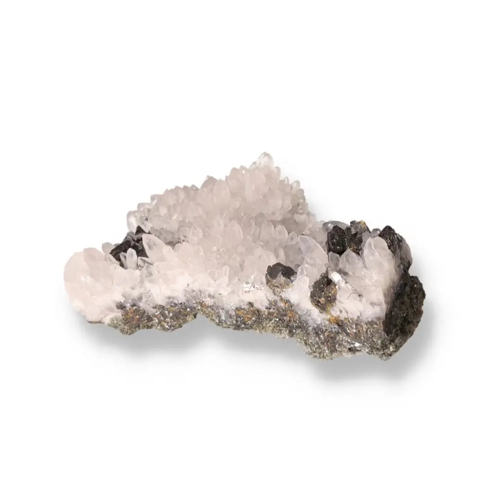 Quartz with Sphalerite crystal showcasing its blend of clear and dark minerals, highlighting its mystical and grounding properties.
