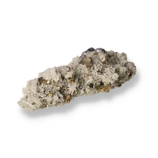 Premium Pyrite with Galena, Quartz, and Chlorite mineral from Sylvia Crystals displaying metallic luster and natural elegance.