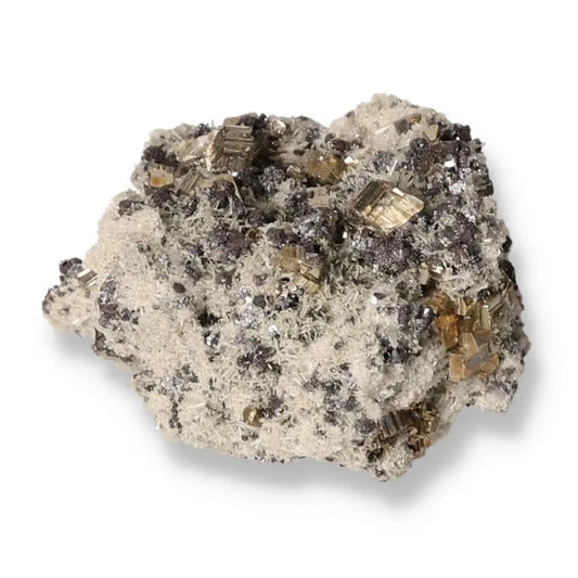 Pyrite with quartz and sphalerite gemstone from Sylvia Crystals, showcasing vibrant energy and grounding properties.