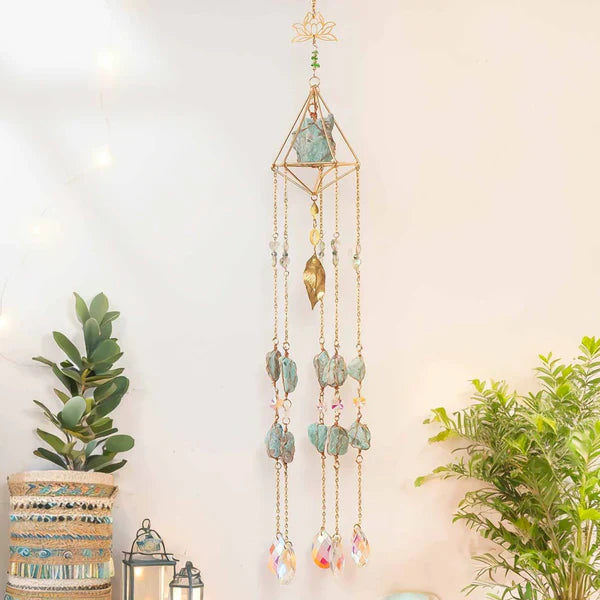 Elegant Amazonite Bloomscape suncatcher with calming crystals, designed to release fear and balance emotions in a tranquil setting.