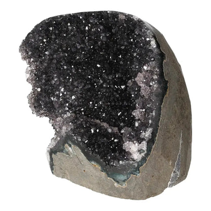 Amethyst Cut Base Geode by Sylvia Crystals; luxury home decor crystal known for stress reduction and tranquility enhancement.