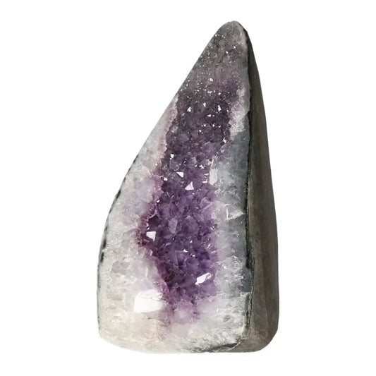 Amethyst Cut Base Geode from Sylvia Crystals known for stress reduction and energy enhancement, perfect for tranquility and focus.