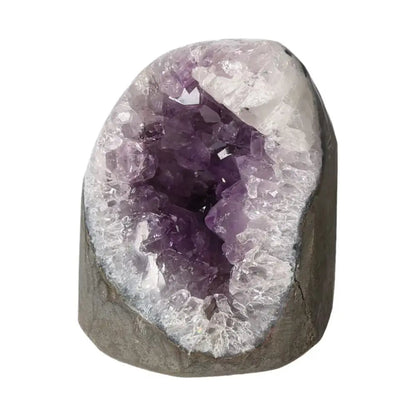 Amethyst Cut Base Geode from Sylvia Crystals showcasing vibrant purple crystals, enhancing concentration and emotional stability.