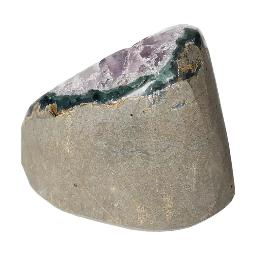 Amethyst cut base geode from Sylvia Crystals, showcasing deep purple hues and natural crystalline structure. Perfect for luxury and spirituality.