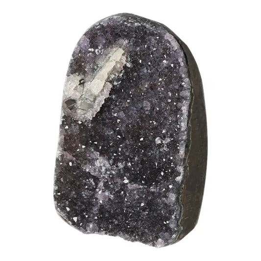 Amethyst cut base geode from Sylvia Crystals, showcasing deep purple hues and sparkling crystal clusters, perfect for stress relief.