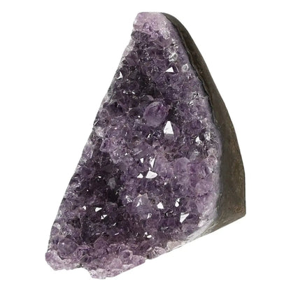 Amethyst cut base geode from Sylvia Crystals, renowned for luxury quality, showcasing brilliant purple crystals for stress relief and energy boost.