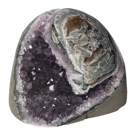 Amethyst cut base geode with deep purple crystals from Sylvia Crystals, perfect for decor and stress reduction.