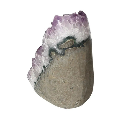 Amethyst cut base geode from Sylvia Crystals, showcasing luxury and harmony with unique purple and white crystal formations.
