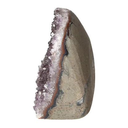 Side view of an amethyst cut base geode with deep purple crystals, showcasing natural beauty and elegance.