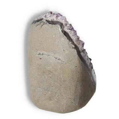 Amethyst cut base geode from Sylvia Crystals showcasing natural beauty and stress-relieving properties, ideal for meditation spaces.