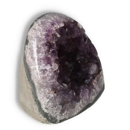 Amethyst cut base geode with deep purple hues by Sylvia Crystals, enhancing any space with natural splendor and tranquility.