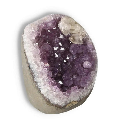 Amethyst cut base geode from Sylvia Crystals, showcasing vibrant purple crystals for stress relief and mental clarity.