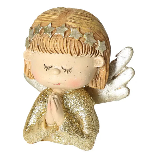 Golden angel head figurine with glitter, featuring a serene expression and winged design, perfect for holiday decorations.