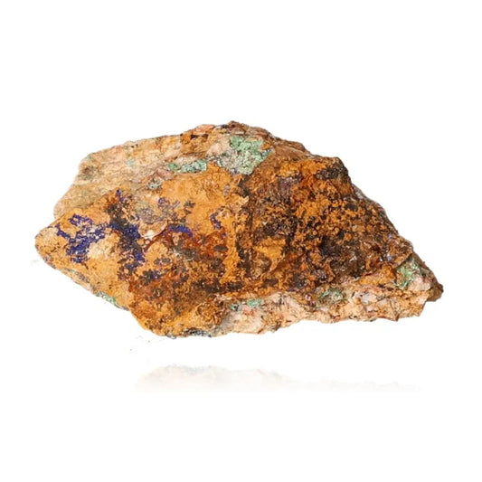 Azurite mineral rock with deep blue hues and copper tones, known for enhancing mental clarity, focus, and self-awareness.