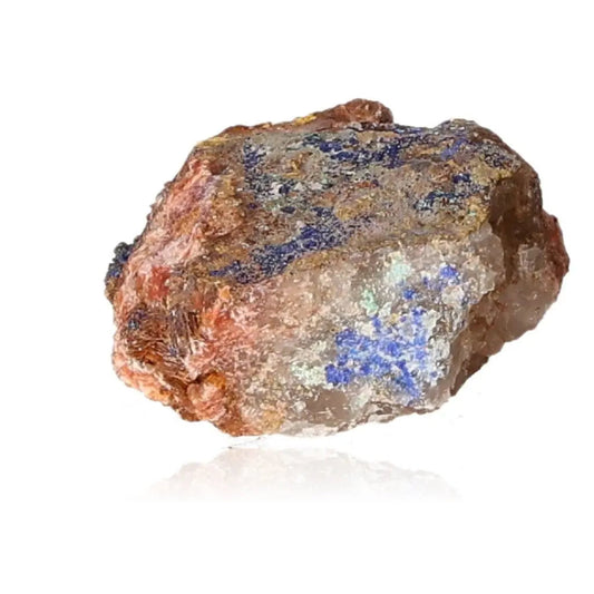 Raw azurite mineral with deep blue hues and copper patterns, ideal for enhancing mental clarity and self-awareness, against white background.