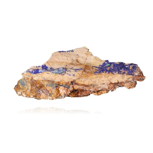 Azurite mineral specimen with deep blue hues and unique patterns, promoting mental clarity and self-awareness, ideal for collectors.