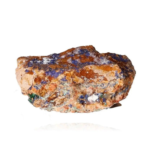Raw Azurite rock with deep blue hues and unique patterns, enhancing mental clarity and self-awareness on a white background.