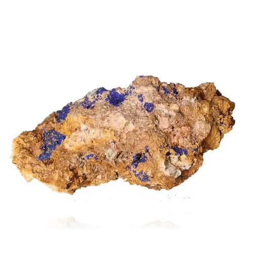 Azurite mineral sample with deep blue hues and unique patterns, known for boosting mental clarity and aiding spiritual growth.