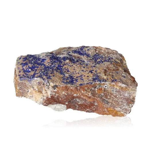 Azurite druzy stone with vibrant blue crystals on a rocky base, known for enhancing spiritual insight and intuition.