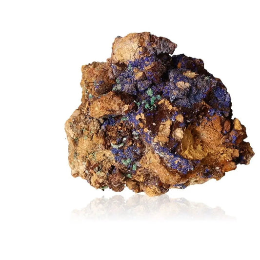 Azurite druze mineral specimen showcasing deep blue and earthy tones, known for enhancing intuition and spiritual insight.