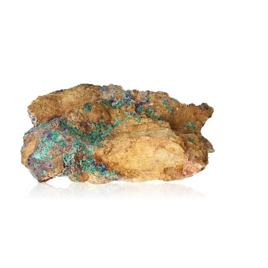 Azurite druze with deep blue hues and copper minerals, known for enhancing intuition and spiritual insight, isolated on white background.