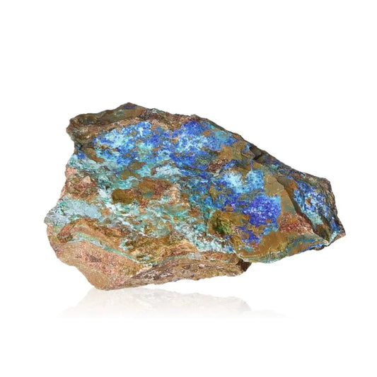 Azurite druze with vibrant blue hues, known for enhancing intuition and spiritual insight, on a white background.
