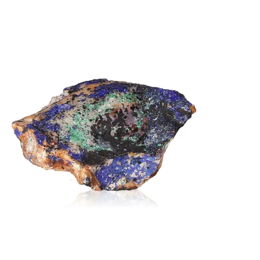 Azurite with Malachite gemstone displaying deep blue and vibrant green hues, known for its captivating allure and spiritual benefits.