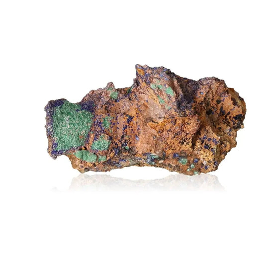 Azurite with Malachite druzes, showcasing deep blue and green hues, known for spiritual awakening and intuitive enhancement properties.