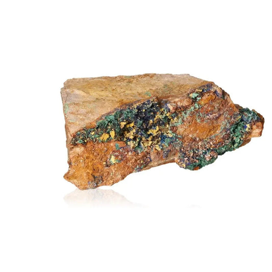 Azurite with Malachite druzes mineral specimen showcasing deep blue and green hues on a brown rock surface.