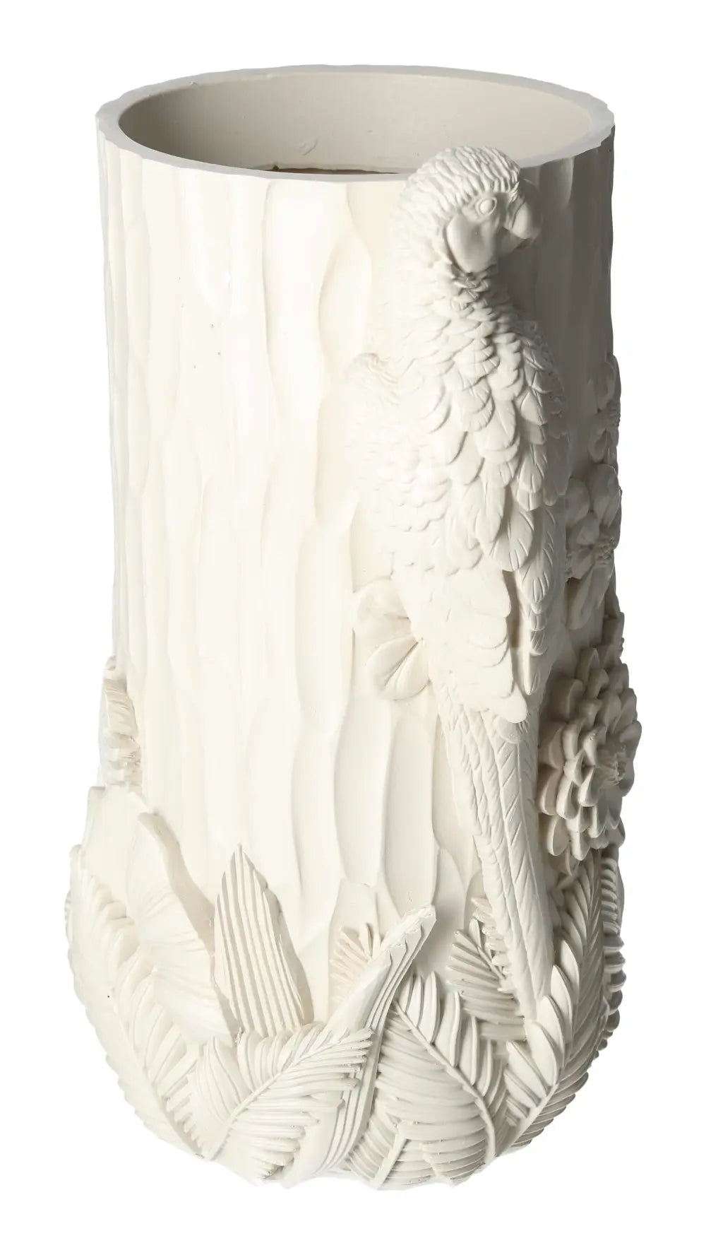 Beige polyresin vase with intricate bird design, 19x16x29, reflecting luxury and elegance, from Sylvia Crystals.