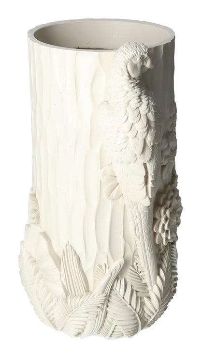 Beige polyresin vase with intricate bird design, 19x16x29, reflecting luxury and elegance, from Sylvia Crystals.