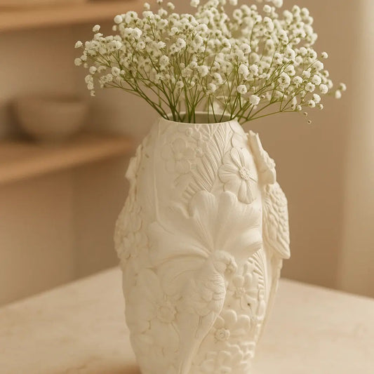 Beige Polyresin Vase with Bird Motif – Nature-Inspired Elegance Sylvia Crystals Sp. z o.o.