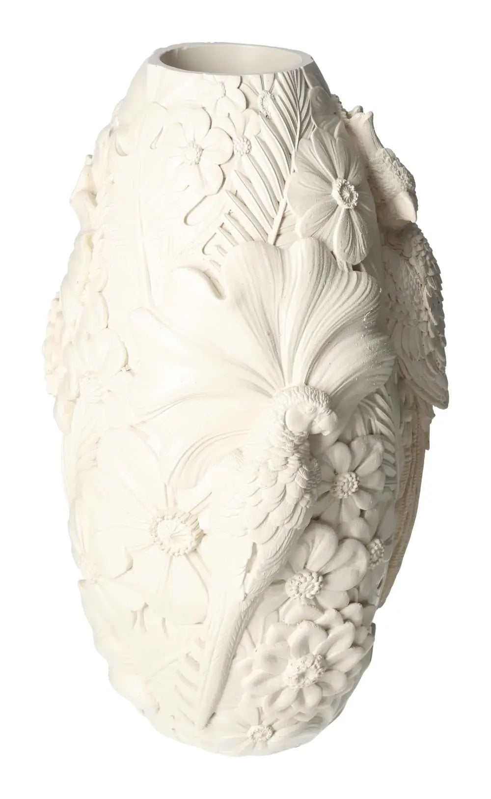 Beige polyresin vase with intricate bird and floral motifs, 16x15.5x29.5 cm, embodies elegance and mindfulness in home decor.
