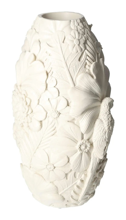 Beige polyresin vase with bird motif, 16x15.5x29.5 cm, luxury home decor by Sylvia Crystals.