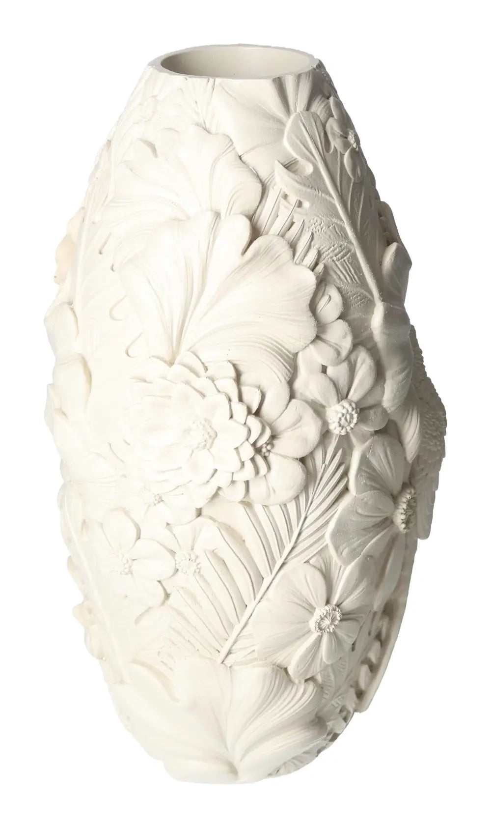 Elegant beige polyresin vase with intricate bird motif design, ideal for sophisticated home decor. Size 16x15.5x29.5 cm.