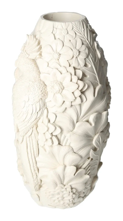 Beige Polyresin Vase with Bird Motif by Sylvia Crystals, 16x15.5x29.5, luxury home decor piece, floral and bird design.