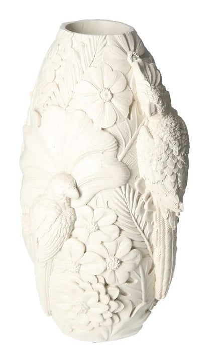 Elegant beige polyresin vase with intricate bird and floral motifs, perfect for enhancing luxe home decor, size 16x15.5x29.5 cm.