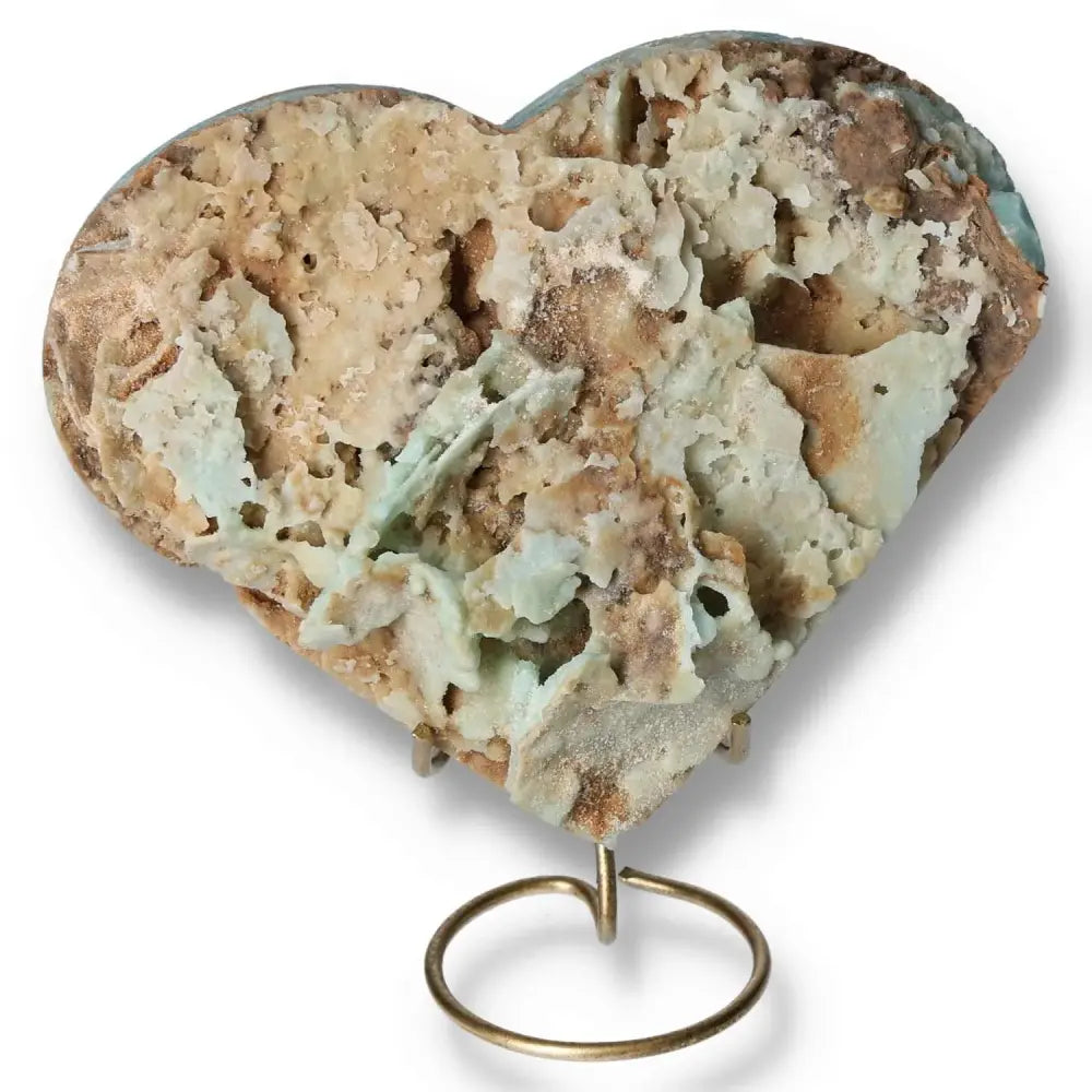 Heart-shaped Blue Aragonite crystal with textured surface, symbolizing emotional balance and clear communication.