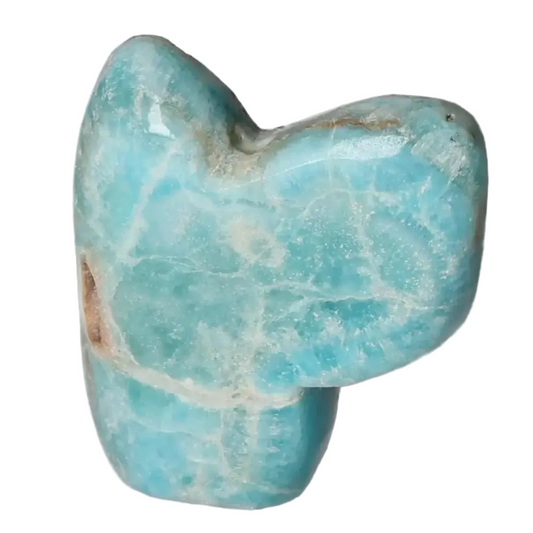 Polished Blue Aragonite crystal with soothing blue hues, sourced from Pakistan, promoting tranquility and emotional balance.