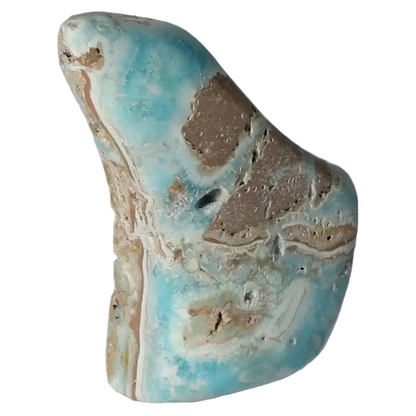 Polished Blue Aragonite stone showcasing unique blue and earthy patterns, ideal for tranquility and balance.