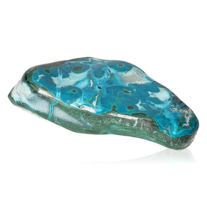 Blue Chrysocolla with Malachite gemstone showcasing its calming and transformative properties.