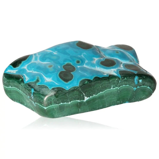Blue Chrysocolla with Malachite gemstone, showcasing its vibrant blue and green hues, known for tranquility and transformation benefits.