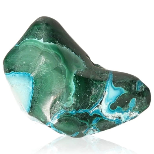 Blue Chrysocolla with Malachite gemstone, showcasing vibrant green and blue hues, symbolizes tranquility and transformation.